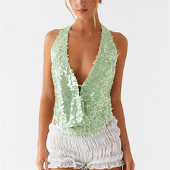 Deep Neck Sequin Halter Top �Backless Shine