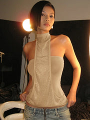 Black and Beige High Neck Sleeveless Sequin Tank Top - Backless Style