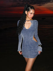 Striped Knitted Cut Out Long Sleeve Mini Dress