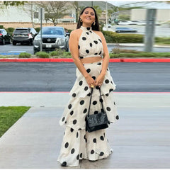 Sleeveless Polka Dot Crop Top And Multi-Layer Ruffles Skirt Set