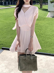 Pink Scarf V Neck Short Sleeve Pleated Wrap Mini Dress
