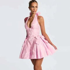 Pink Bow Jacquard A-line Halter Mini Dress