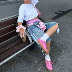 Trendy Loose Fit Denim Capri Shorts - White Side Stripes