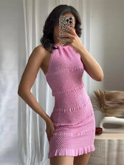 Pink Knitted Ruffles Mini Dress