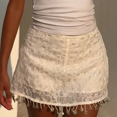White Pencil Sequin Jacquard Tassel Mini Skirt