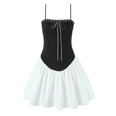 Black Spliced White Sling Bow Mini Dress