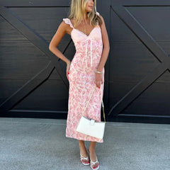 Pink Tulip Print Lace Strap Midi Dress