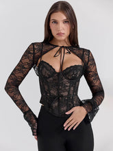 Black Long Sleeve Lace Tie Up Corset Top