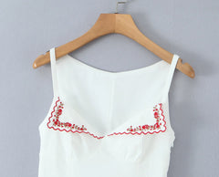 White Embroidery Red Flower Lapel V neck Mini Dress