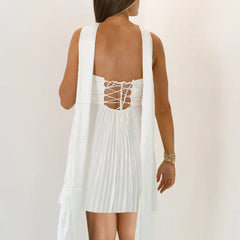 Chic Strapless Pleated Mini Dress - With Detachable Neck Scarf