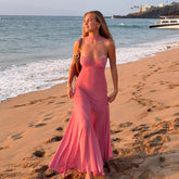 Pink Mesh Halter Strap Maxi Dress