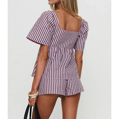 Purple Striped Print Short Sleeve Front Tied Tops And Shorts Set