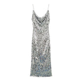 Silver Sequin Cowl Neck Midi Dress