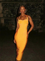 Orange Bandage Halter Midi Dress