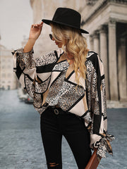 Leopard Print V neck Cuff Tie Blouse