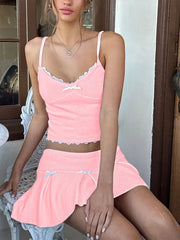 Pink Ribbed Cami Top And Bow Mini Skirt Set