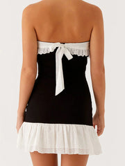 Black Strapless Patchwork Ruffle Hem Mini Dress - A-Line Fit