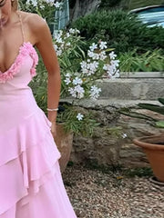 Pink Frill Layered Strap Maxi Dress