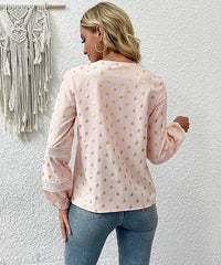 Gold Dot Print Lace Trim V neck Blouse