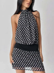 Black Polka Dot Mini Dress �Open Back Tie Up Halter