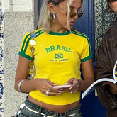Brazil Flag Graphic Short Sleeve Crop Top - High Street Slim Fit