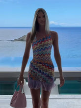 Rainbow Stripe Fringe Halter Beach Mini Dress