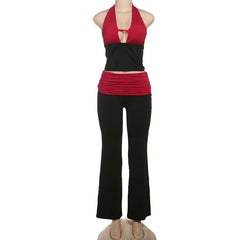 Red Cut Out Halter Crop Top & Tracksuit Two Piece Set - Casual Slim Fit