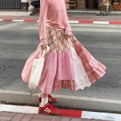 Plaid Patchwork Midi Skirt - Streetwear A-Line