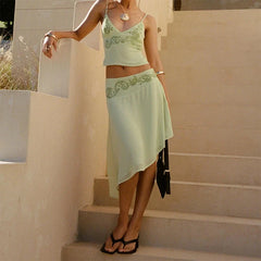 Printed V-Neck Cami & Skirt Set �Ruffle Midi Look