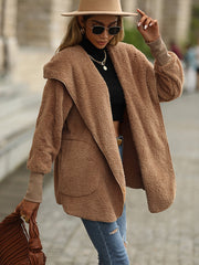 Solid Hooded Long Sleeve Teddy Jacket