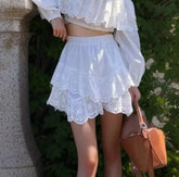 White Ruffles Embroidery Elastic Waist Mini Skirt