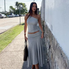 Knot One Shoulder Top And Ruched Midi Skirt Set