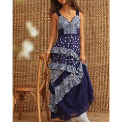 Blue Floral Print Ruffled Maxi Dress
