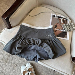 Bow Patchwork Pleated Mini Skirt