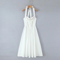 White Embroidery Flower Lapel Bow Halter Midi Dress
