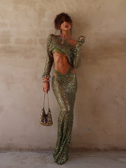 Green Sequin Long Sleeve Top And Maxi Skirt Set