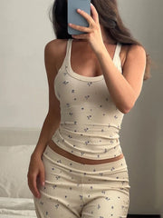 White Printed Ribbed Tank Top And Pants Set