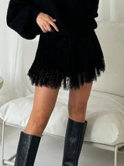 High Waist Lace Pleated Mini Skirt - Y2K A-Line