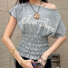 Ruched Drawstring Letter Print Grey Graphic Tee