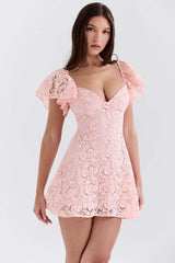 Pink Lace Frill Sleeve Mini Dress