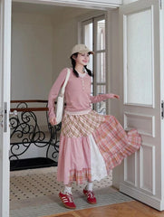 Plaid Patchwork Midi Skirt - Streetwear A-Line