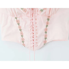 Pink Floral Embroidery Lace Up Halter Top