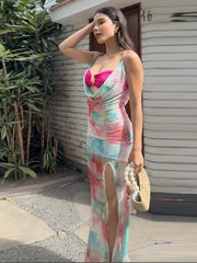 Floral Printed Mesh Bralette Maxi Dress