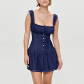 Blue Button Square Neck Sleeveless Mini Dress - A-Line Fit