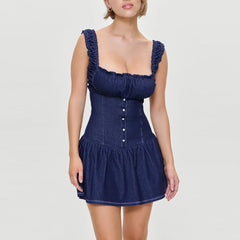 Blue Button Square Neck Sleeveless Mini Dress - A-Line Fit