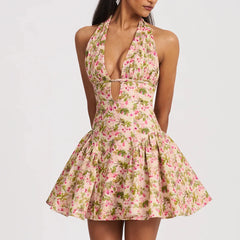 Floral Deep Halter Neck Mini Dress