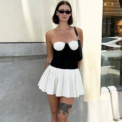 Black N White Strapless Pleated Mini Dress