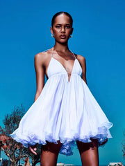 Chiffon Strap Mini Flare Dress - V-Neck A-Line