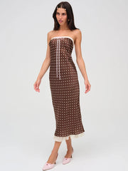 Brown Satin Polka Dot Strapless Midi Dress