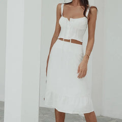 White Strap Crop Top And Midi Skirt Set